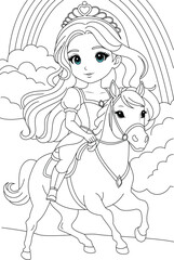 Coloring page cute princess riding horse on the magical rainbow