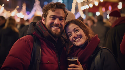 Man and woman couple in a crowd with drinks at Christmas market, close personality, fun.