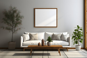 white blank poster frame mockup in a minimalist modern living room interior background, Scandinavian style, adding a touch of elegance to simplicity