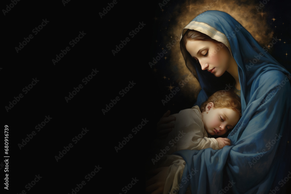 Wall mural Another religious art poster showcasing the divine connection between Jesus and Mary, set against a deep sky-blue backdrop combined with a subtle dark beige.