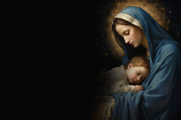 Another religious art poster showcasing the divine connection between Jesus and Mary, set against a deep sky-blue backdrop combined with a subtle dark beige. - obrazy, fototapety, plakaty