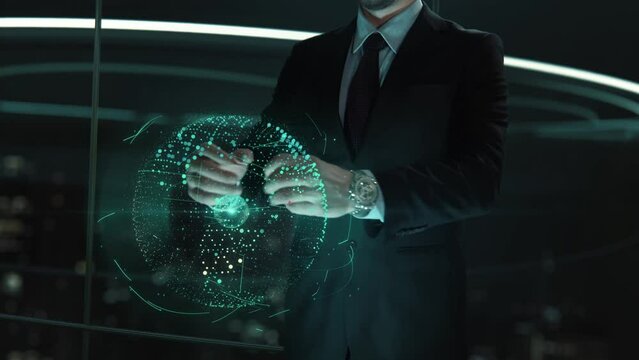 10 Years- businessman working with virtual reality at office.