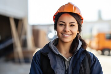 A beautiful woman worker wearing a hat to prevent accidents, standing with her arms crossed, confident in the construction contract, housework - obrazy, fototapety, plakaty