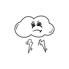 Evil cloud with lightning vector icon in doodle style. Symbol in simple design. Cartoon object hand drawn isolated on white background.