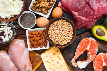 High protein food. Fish, meat, poultry, nuts, cheese, eggs, seeds and dairy products. Vegetable and animal protein. Healthy eating and balanced food concept. Keto and low carb diet. Top view - obrazy, fototapety, plakaty