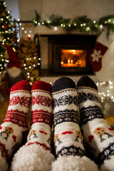 Couple enjoying by warm fireplace and warming up their feet in woolen socks with Christmas ornaments and Christmas tree and decorations background. Cozy Winter, Christmas and Family.