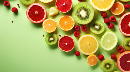 Summer wallpaper with fresh sliced fruits and oranges, appetizing fruit slicing mix. 