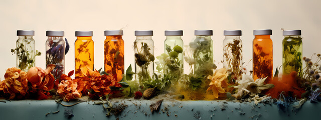 an artistic presentation of organic teas, emphasizing natural colors and textures - obrazy, fototapety, plakaty
