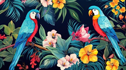 Fototapeta premium The tropical bird pattern has colorful flowers and bird illustrations