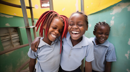Laughter of Schoolgirls in Haitian Orphanage, Friendship and Joy - obrazy, fototapety, plakaty