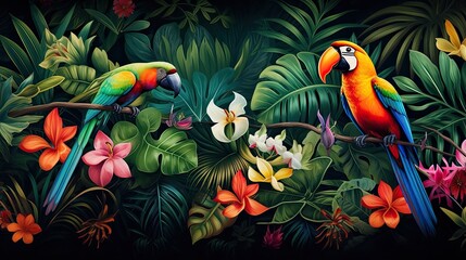 The tropical bird pattern has colorful flowers and bird illustrations