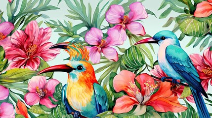 Obraz premium The tropical bird pattern has colorful flowers and bird illustrations