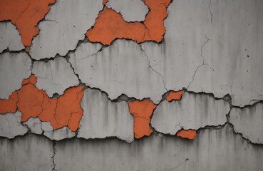 Gray and orange shabby old concrete wall texture with cracks. Gray old grunge concrete wall background.