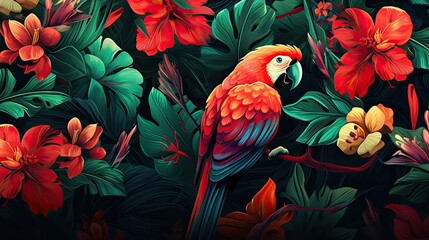 Fototapeta premium The tropical bird pattern has colorful flowers and bird illustrations