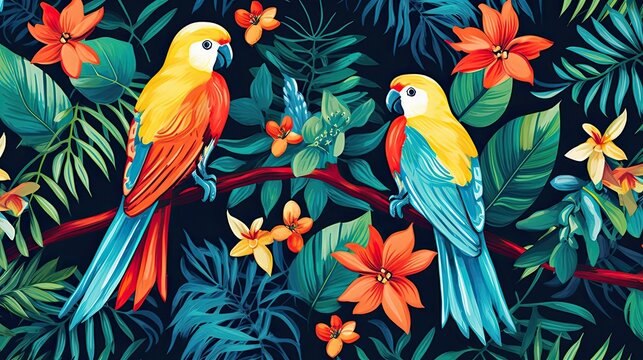 The tropical bird pattern has colorful flowers and bird illustrations