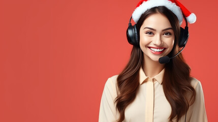 Young smiling woman call center operator in Santa Christmas hat isolated on flat background with copy space, banner template for support service work schedule in New Year holidays. - obrazy, fototapety, plakaty
