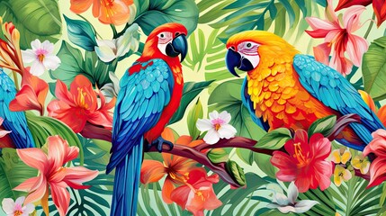 Obraz premium The tropical bird pattern has colorful flowers and bird illustrations