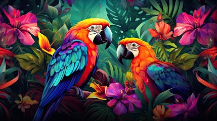 Obraz premium The tropical bird pattern has colorful flowers and bird illustrations