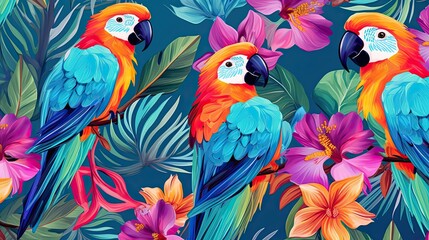 Naklejka premium The tropical bird pattern has colorful flowers and bird illustrations