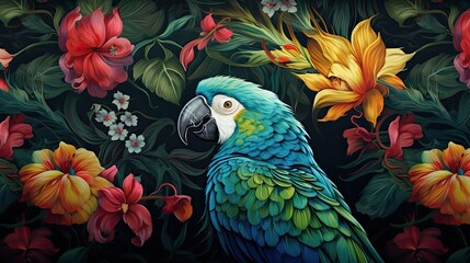 Obraz premium The tropical bird pattern has colorful flowers and bird illustrations