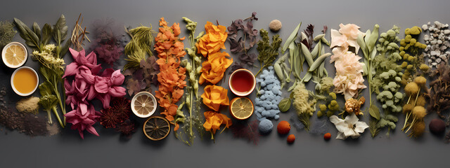 An artistic presentation of organic teas, emphasizing natural colors and textures - obrazy, fototapety, plakaty