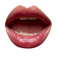 Open female mouth with full, plump with natural gloss lips isolated on transparent background....