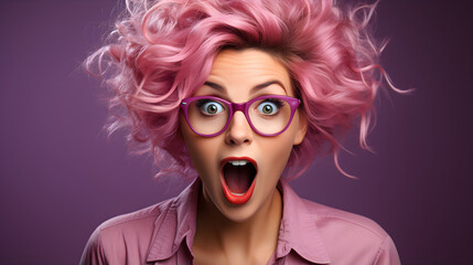 Surprised woman with pink hair in glasses