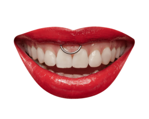 Beautiful woman smile with piercing, lips in red lipstick, mouth with healthy teeth isolated on transparent background. Perfect female smile.