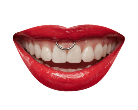 Beautiful woman smile with piercing, lips in red lipstick, mouth with healthy teeth isolated on transparent background. Perfect female smile.