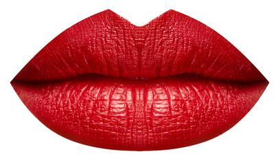 Extreme close up photo of full plump bright red female lips isolated red transparent background....