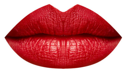 Extreme close up photo of full plump bright red female lips isolated red transparent background. Mouth clothed. Lip matte lipstick.