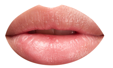 Perfect natural lip makeup. Close up photo of woman lips with glossy lipstick isolated on transparent background. Moisturizing chap stick for dry lips.