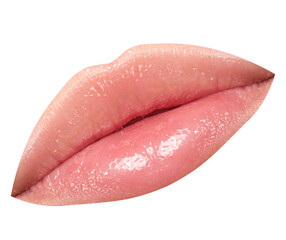 Close up view of woman full pink with natural gloss lips, closed mouth. Beautiful plump lips...