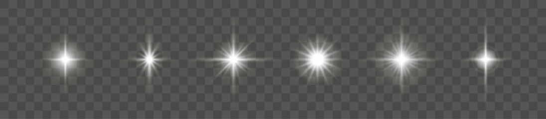 Set of glowing stars on the transparent background. Vector illustration.
