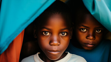 Haitian Children Peeking from Blue Tarp, Orphanage Life - obrazy, fototapety, plakaty