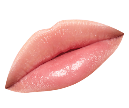 Close up view of woman full pink with natural gloss lips, closed mouth. Beautiful plump lips isolated transparent background. After treatment, moisturized lips.
