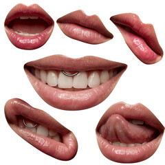 Collage made of expressive, sensual perfect female plump lips with nude color lipstick isolated on transparent background. - obrazy, fototapety, plakaty