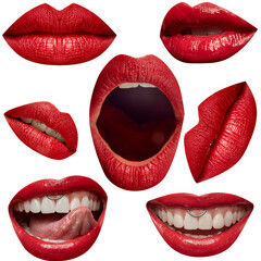 Collage made of photos of expressive, sensual beautiful full plump bright red female lips isolated transparent background.