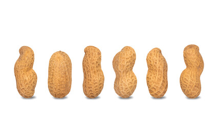 Variety of peanuts in shells of different shapes, isolated on white background