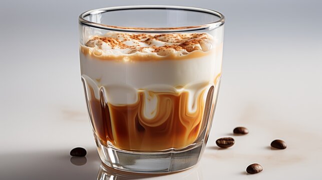 A glass cup of golden-brown caramel macchiato. AI generate illustration