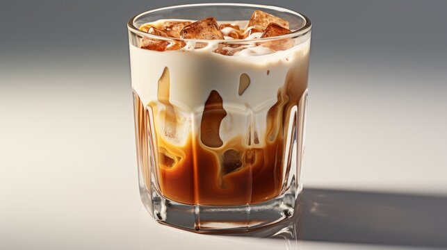 A glass cup of golden-brown caramel macchiato. AI generate illustration