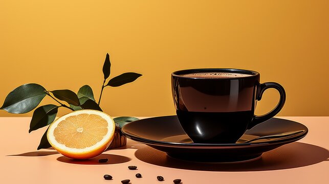 A glass cup of black coffee with a slice of lemon. AI generate illustration
