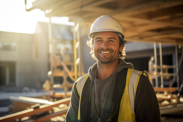 Smiling men bricklayer in work clothes on a construction site. Mason at work. Job. construction company. AI