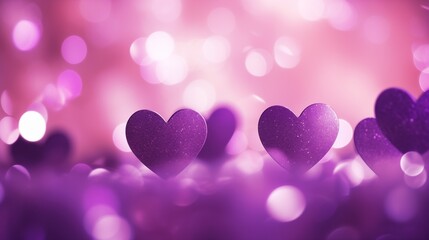 romantic background with glitter confetti pink and purple bokeh hearts