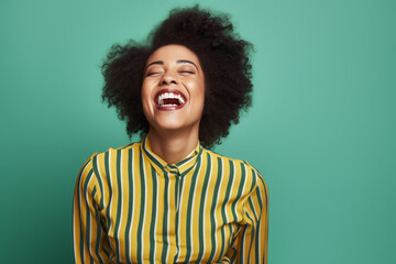 AI Generated Image. Excited African American young woman wearing striped blouse. Studio shot