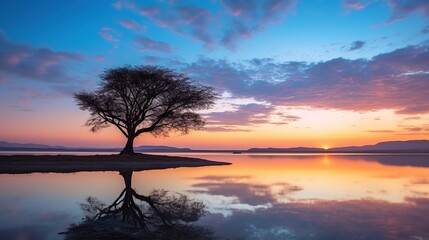 Fototapeta na wymiar Tree on the shore of a lake at sunset in Tasmania, Australia