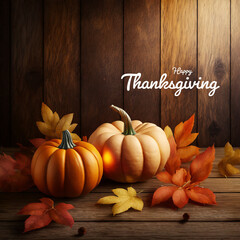 Happy Thanksgiving text with pumpkins and leaves over dark wood background