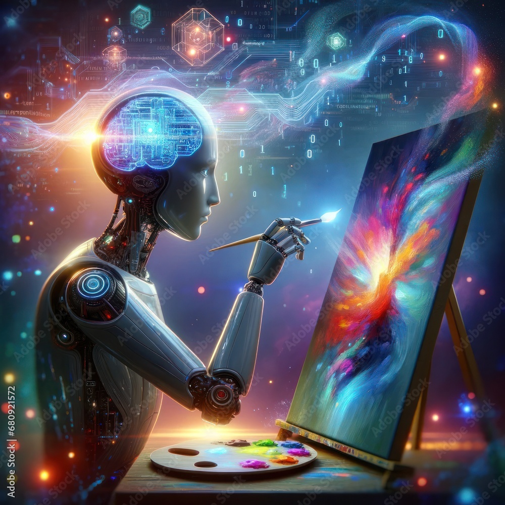 Wall mural futuristic robot artist using a brush to paint an abstract galaxy on a canvas with digital elements