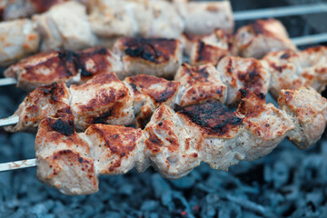 Cooking barbecue pork meat on smoking coals. Shish kebab on the grill.