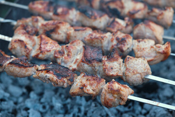 Lots of metal skewers with meat cooking on coals. Cooking pork barbecue.